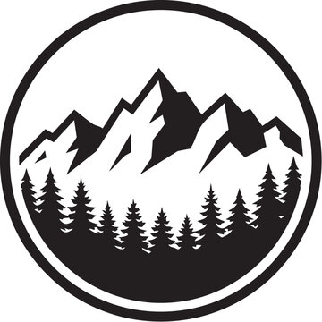 Black and white mountain range and pine forest circle icon