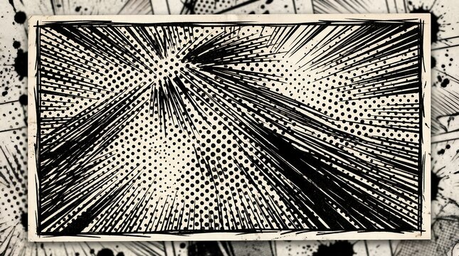 Retro comic action background with dramatic black speed lines halftone dots and ink splatters.