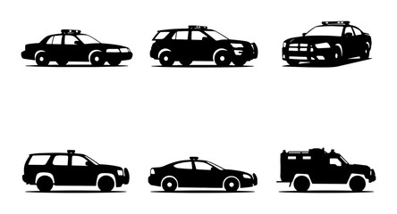 Fototapeta premium Police Car Icons Set, Law Enforcement Vehicles Collection, Black Silhouette Vector Graphics