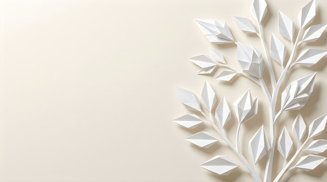 Elegant white paper craft tree branch with geometric leaves on a soft light beige background