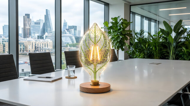 Decorative leaf shaped glass light bulb on a wooden base inside a modern office boardroom