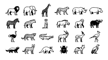 Fototapeta premium African Safari Wildlife and Savannah Animals Vector Icon Set Featuring Lion Elephant Giraffe Rhino Zebra Hippo Cheetah and Wild Nature Elements