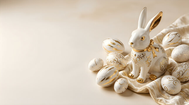 Cute white ceramic easter bunny figurine surrounded by decorative painted eggs for spring holiday