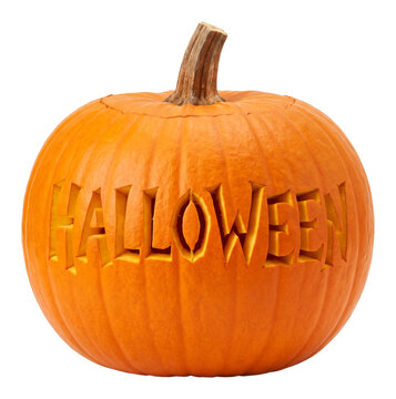 a classic orange pumpkin with the word halloween carved into it isolated on a transparent background