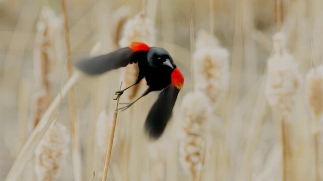 Close-up of a male red-winged blackbird perched on a dry reed in its natural habitat