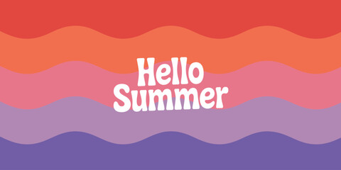 Hello Summer lettering background. Retro wavy stripe vector banner for seasonal vacation, beach party, sale promotion and groovy template design. © Vector Nest
