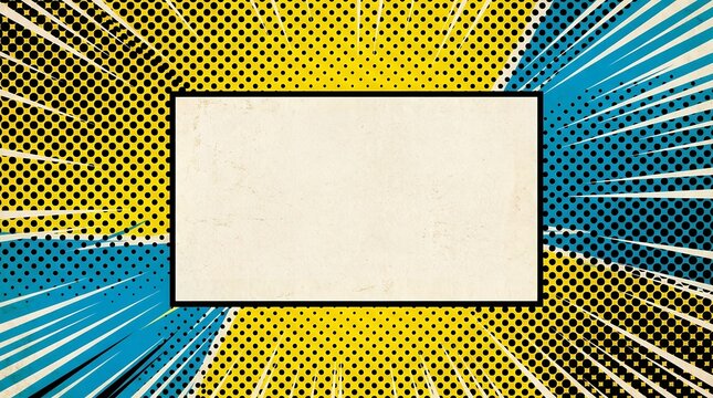 Diagonal split comic book background template with blank center rectangular message box.