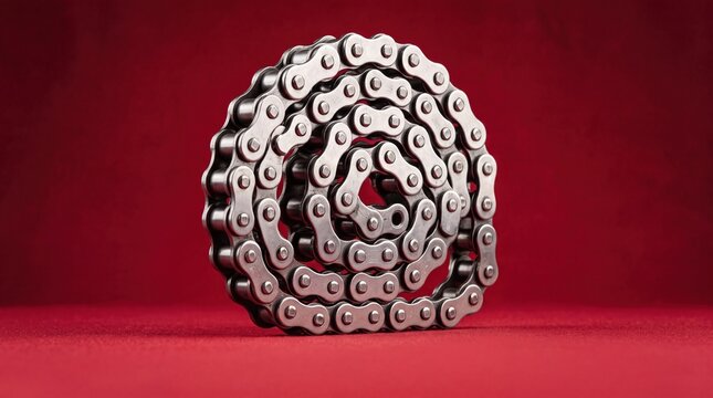 A metallic bicycle chain arranged in a spiral shape on a red background. The chain is shiny and detailed, showcasing its links and structure.