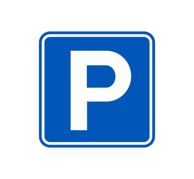 Parking sign icon with P symbol in blue square. Parking area and vehicle location signs for roads,  public spaces, transportation and wayfinding systems