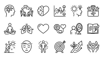 Fototapeta premium Cognitive Behavior Therapy and Mental Wellness Line Icons Pack