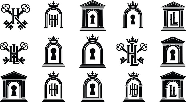 Heraldic crest and key symbols with secure architectural elements for corporate and fintech branding designs
