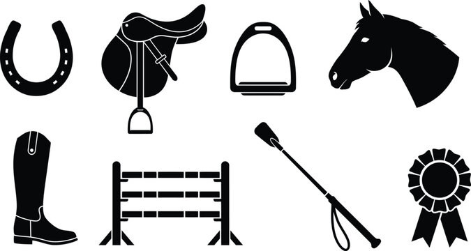 Minimalist equestrian icons set featuring horse head, saddle, boots, and riding equipment for sports and lifestyle use