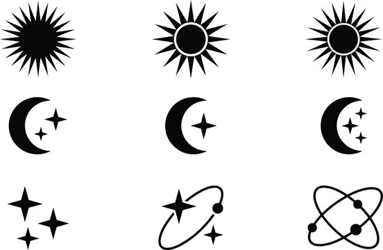 Minimalist flat vector icons set of sun, moon, stars, and planets for modern design projects