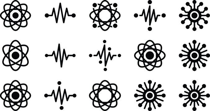 Modern abstract atomic and sound wave icons set for tech data visualization and digital projects