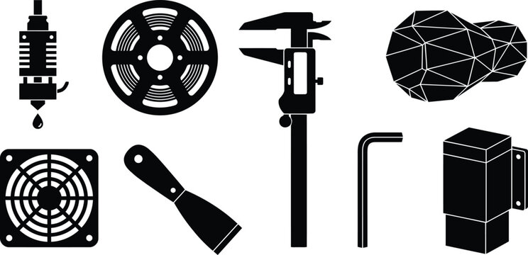 Minimalist set of industrial tools and technical equipment icons in black and white vector style
