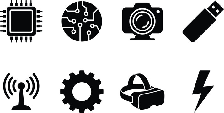 Modern flat black icons set showcasing digital devices, connectivity, and technology symbols for tech industry use