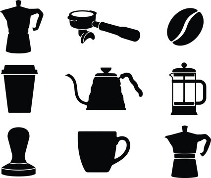 Modern flat black vector set of coffee brewing tools and accessories for cafe branding and design