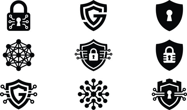 Modern flat design cybersecurity icons set with shields, locks, and network protection elements