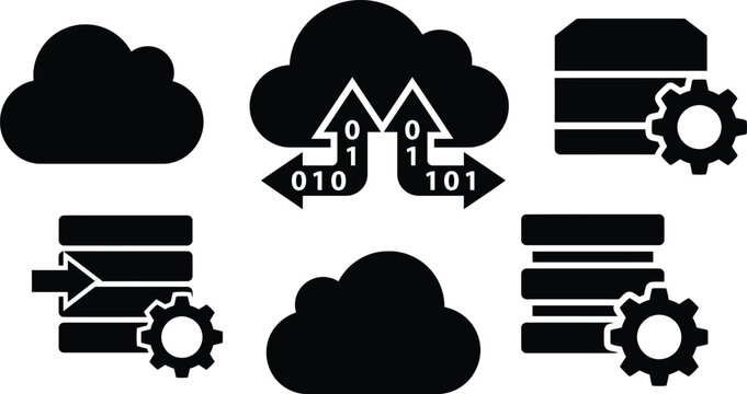 Modern flat design icons set illustrating cloud storage, data transfer, and database systems for tech industry