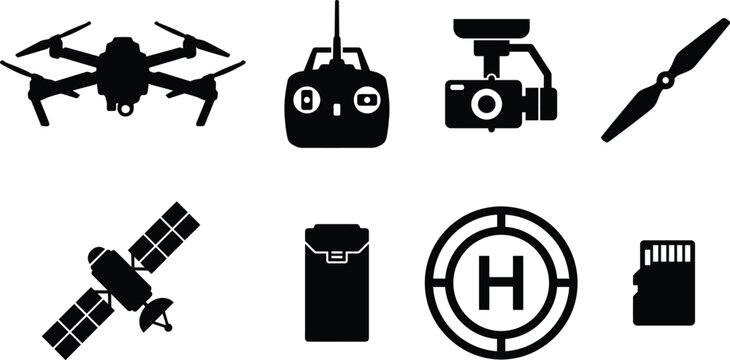 Modern flat design icons set featuring drone, remote control, camera, satellite, memory card and propeller