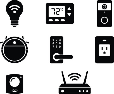 Modern flat design smart home icons set including thermostat, clock, router, and security controls