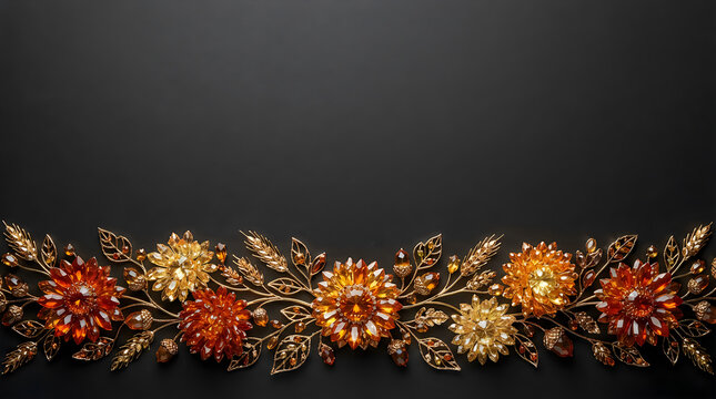 Beautiful decorative border made of colorful shiny jewels and crystal flowers on black background