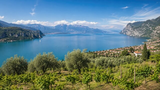 Panoramablick &uuml;ber den Gardasee mit Weinreben, Olivenb&auml;umen, Bergen und tiefblauem Wasser. Mediterrane Kulturlandschaft in Norditalien bei sonnigem Sommerwetter.