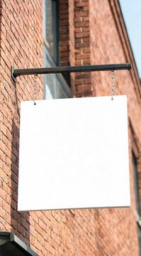 A blank sign hangs from a metal bracket on a brick wall. The sign is white and unmarked, suitable for customization or advertising.
