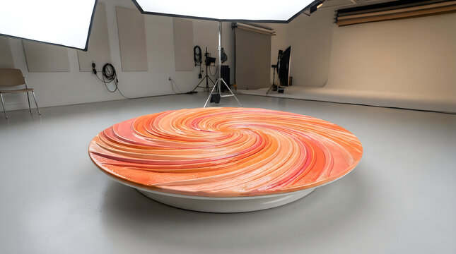 Abstract circular sculpture made of thin wooden layers in a professional photography studio