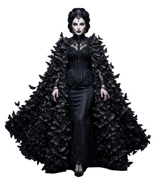 a pale female vampire wearing an elegant black dress and a large cape made of black moths (lepidoptera) isolated on a transparent background