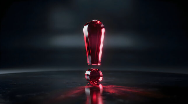 Shiny red glass exclamation mark symbol standing on a dark reflective surface in a moody setting