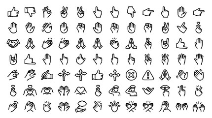 Obraz premium Hand Gestures and Communication Sign Language Line Icon Mega Pack Featuring Pointing Fingers Greeting Palms Praying Hands and Interactive Interface Clicking Vectors