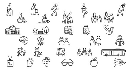 Fototapeta premium Eldercare and Senior Nursing Home Line Icon Set Featuring Geriatric Medical Healthcare Retirement Community Activities Wellness and Assisted Living Elements Vector Pack