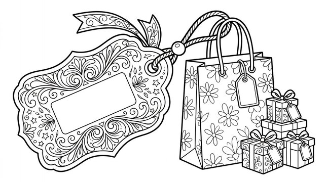 Gift tag coloring page next to shopping bag and ribbon wrapped presents vector sketch.