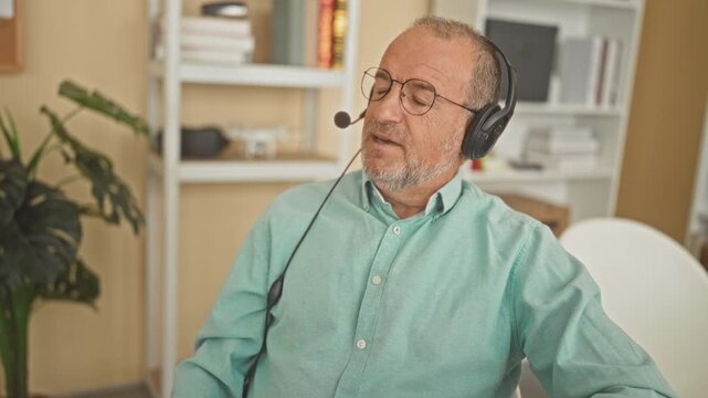 Man with headset speaking into microphone at computer in home office, wearing glasses and leaning back with eyes closed, bookshelf and plant visible; calm focus.