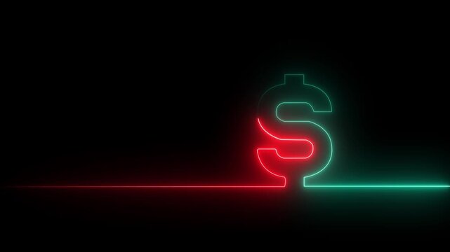 Neon glowing single line in shape of symbol of American currency Dollar on a black background. Bright red and green laser oneline illustration for financial or economic background