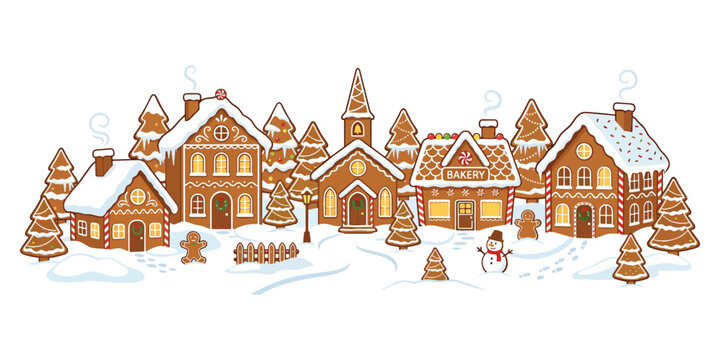 Whimsical gingerbread village scene christmas houses trees snow winter holiday celebration festive decorations.