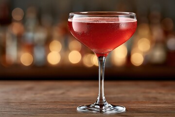 Fototapeta premium Red craft cocktail in coupe glass on wooden bar with bokeh lights
