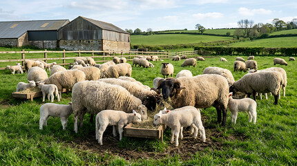 Fototapeta premium Sheep grazing in a lush green pasture near a barn.