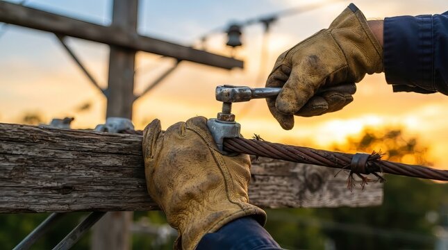 Close-up of lineman hands in protective glove tightening power line cable with wrench on wooden utility pole at sunset. Electrical maintenance and energy infrastructure concept.