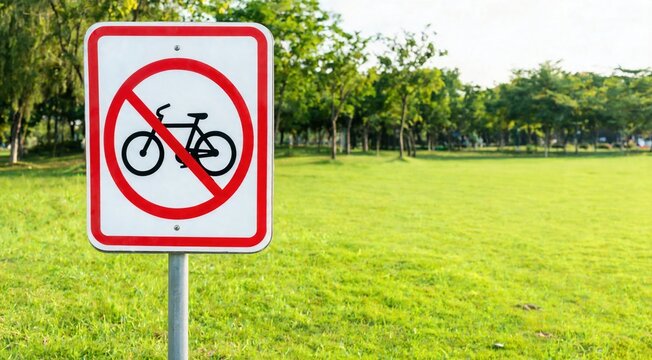 A no bicycle sign stands in a green park area surrounded by trees. The sign features a red circle with a bicycle symbol crossed out.