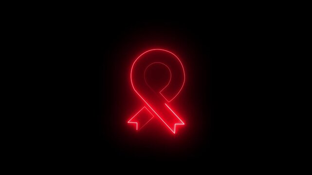 On a dark brick wall background, a pink ribbon thin glowing neon line. Simple animated motion graphic element