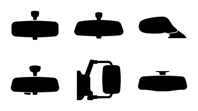 Automotive Rearview Mirror Icons, Vehicle Side Mirror Silhouettes, Car Interior Mirror Vector Set