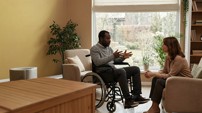 A therapy session visualization showing a wheelchair bound man listening to a psychiatrist with an African-American man sitting in a wheelchair gesturing with his hands as he talks to the