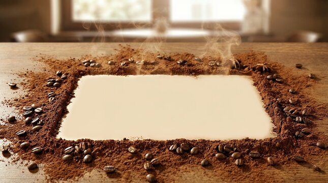 An Aromatic and Creative Rectangular Frame Made Entirely of Cocoa Powder Prominently Displayed with Ample Copy Space in the Center. This simple yet evocative image captures the essence of coffee and