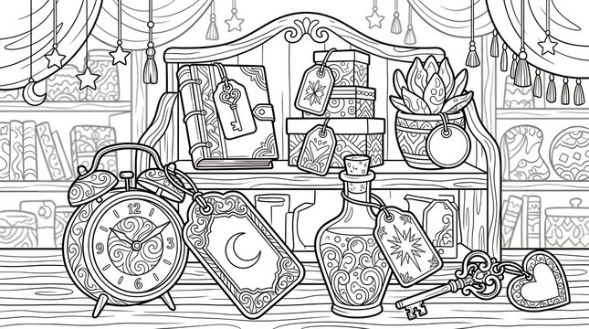 Mystical antique shop interior with labeled magic artifacts line art for coloring design.