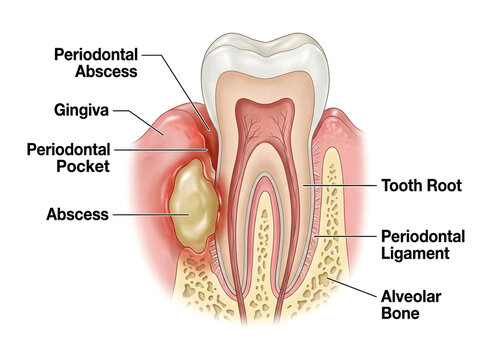 Detailed diagram of tooth with periodontal abscess and pocket isolated on white background
