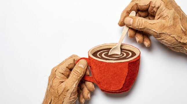 Elderly hands stirring coffee in a red cup with a wooden spoon  
