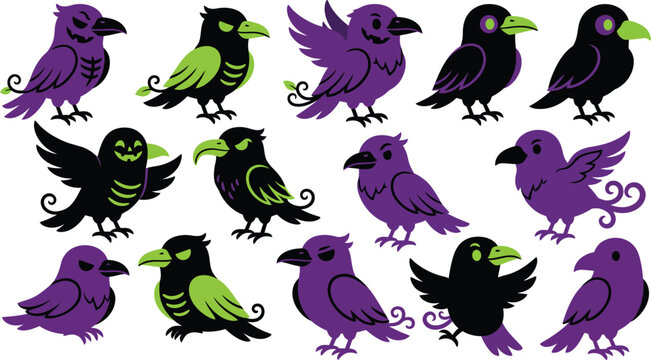 Set of cute Halloween raven and crow bird vector illustrations in purple and green colors