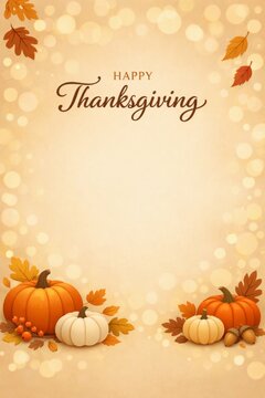 Thanksgiving pumpkin and autumn leaves greeting background with warm bokeh for holiday card poster and banner design